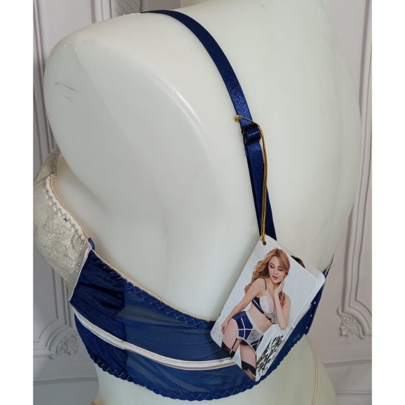 NWT Retro Blue & Cream Bra Thong Garter 3 Piece Set High Waist Satin Lace Sz 12 - Picture 6 of 9